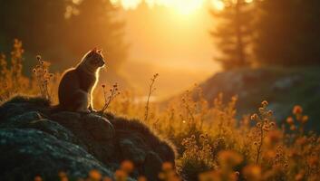 A cat sitting on a rock in the middle of a field at sunset photo