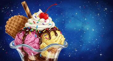 Ice cream sundae with cherry and ice cream in a glass with stars photo