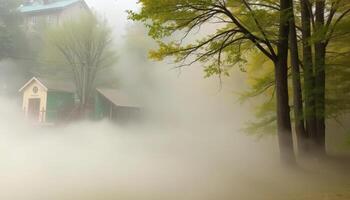 A small house in the fog with trees and trees photo