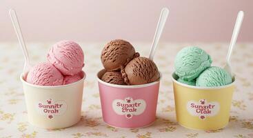 Three cups of ice cream with spoons in them photo