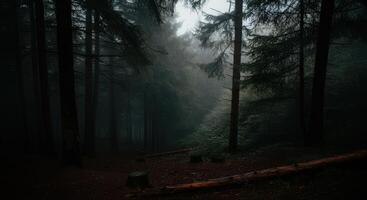 A dark forest with trees and logs photo