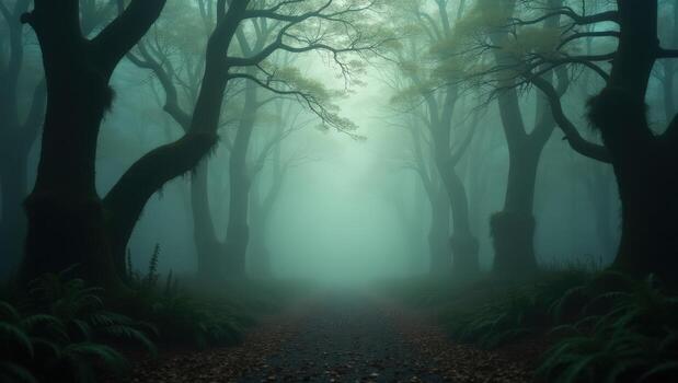 A path through a foggy forest with trees photo