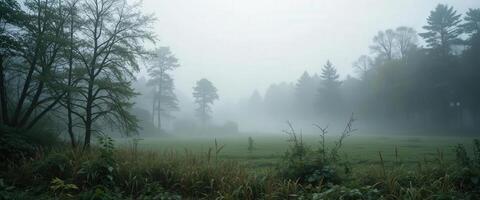 A foggy field with trees and grass photo