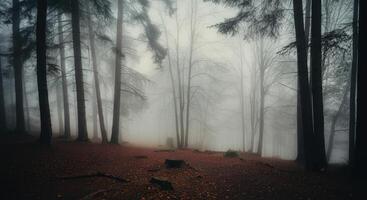A foggy forest with trees and a path photo