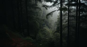 A path through a dark forest with trees photo
