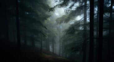 A dark forest with trees and fog photo