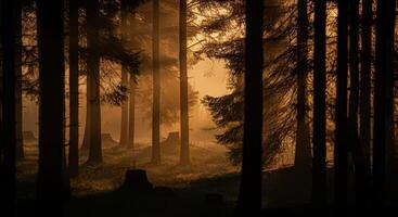 A forest with trees and sun shining through photo