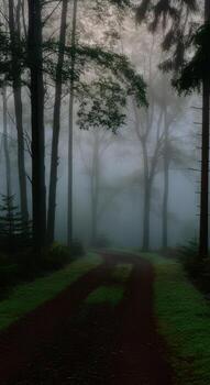 A path through the woods with trees and fog photo