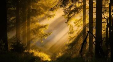 Sunlight shining through the trees in a forest photo