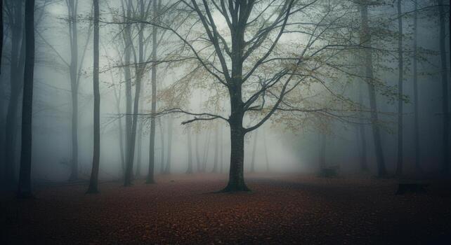 A foggy forest with a tree in the middle photo