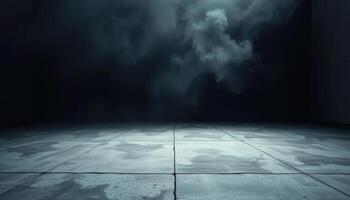 An empty room with a dark floor and smoke coming out of the wall photo