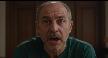 A man with a shocked expression in a green shirt photo