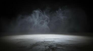 A dark room with smoke coming out of the floor photo