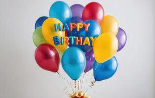 A bouquet of colorful balloons with the word happy birthday written on them photo