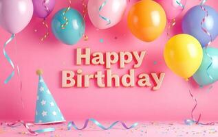 Happy birthday text on pink background with colorful balloons and confetti photo