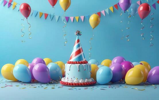 Birthday cake with balloons and streamers on blue background 3d rendering stock photo