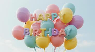 Happy birthday balloons with text on blue sky background 3d render photo