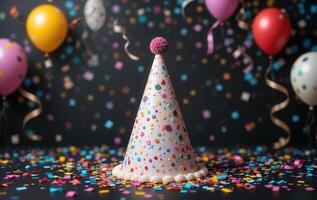 A birthday party hat with confetti and balloons photo
