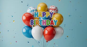Happy birthday balloons on blue background 3d render photo