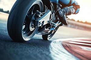 Motorcycle racer leaning into turn on track at high speed photo