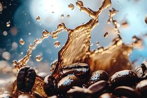 Coffee splashing on roasted coffee beans a dynamic beverage moment photo