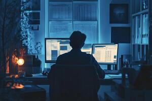 Programmer working late at night on computer code photo