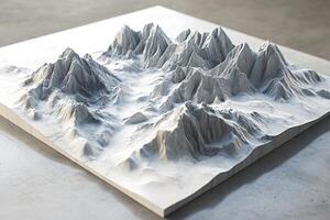 White plaster model of mountain range with snowy peaks is standing on table photo