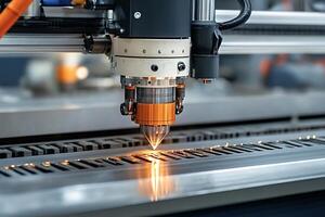 Laser cutting machine creating patterns on metal sheet in factory photo