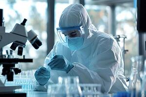 Medical scientist working with test tubes in a laboratory setting photo