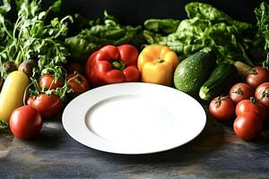 Empty white plate surrounded by fresh vegetables on dark rustic table photo