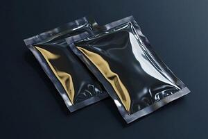 Two glossy metallic sachets lying on dark background photo