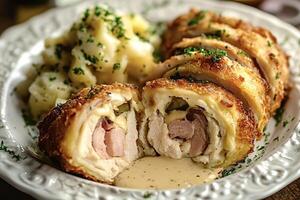 Chicken cordon bleu being served on a plate with mashed potatoes and sauce photo