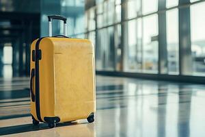 Yellow suitcase standing in airport terminal photo