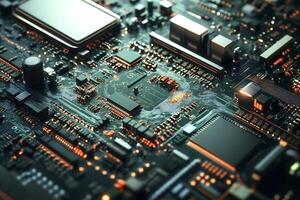 Electronic circuit board showing data flowing through integrated circuits photo