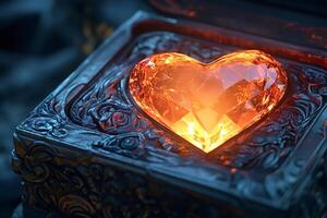 Glowing orange heart-shaped gemstone inside ornate box shining brightly photo