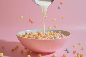 Milk pouring into bowl of colorful cereal on pink background photo