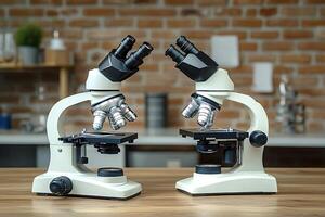 Two microscopes standing on wooden table in laboratory setting photo