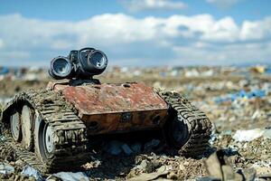 Rusty robot exploring garbage dump environmental disaster photo
