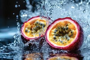 Two passion fruits splashing in water, creating refreshing burst photo