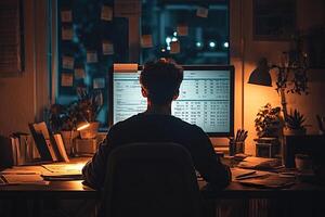 Businessman working late analyzing data spreadsheet on computer screen at night photo