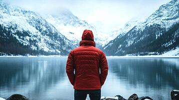 Man wearing red jacket enjoying the view of a mountain lake photo