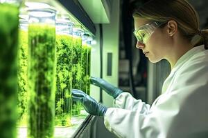 Scientist examining green algae cultures in laboratory setting photo