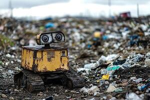 Small robot exploring a vast landfill site full of garbage photo