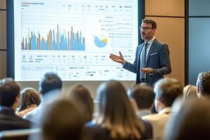 Man in a classic suit presenting an analysis of marketing data at a conference photo