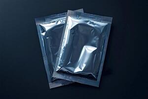 Two foil packaging sachets lying on dark background photo