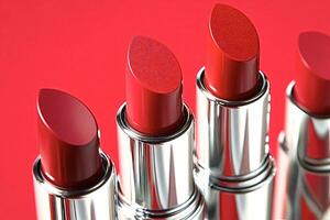 Red lipsticks showing different shades of red on red background photo