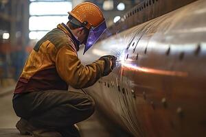 Industrial worker welding metal component in factory photo