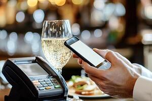 Businessman paying restaurant bill using mobile payment terminal photo