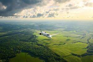 Private jet flying over green fields and forests under cloudy sky photo