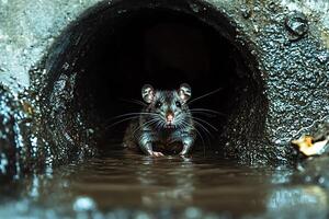 Wild rat emerging from sewer drainpipe photo